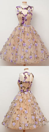 A-Line Jewel Tea-Length Open Back Champagne Tulle Homecoming Dress With Appliques Flowers